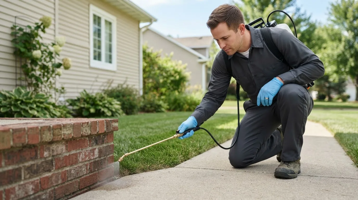 Pest control technician treating a home near Dixfield, ME